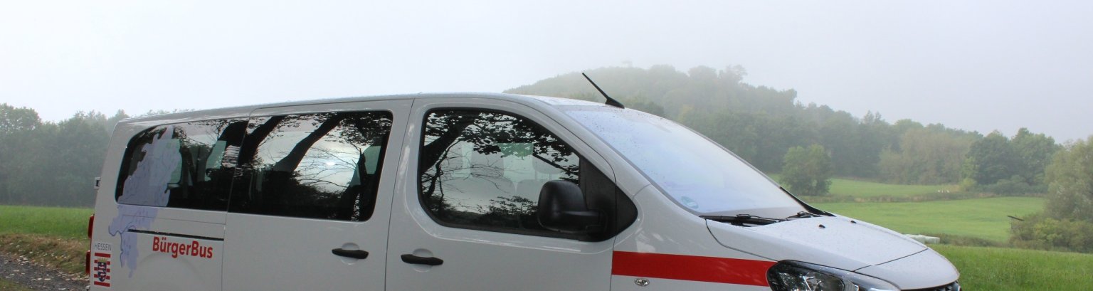 Der Bürgerbus Niedenstein steht auf einem Feld vor einem Wald.